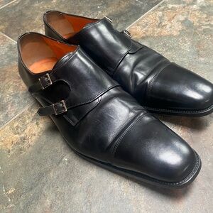 Santoni Black Leather Double Monk Strap Oxfords